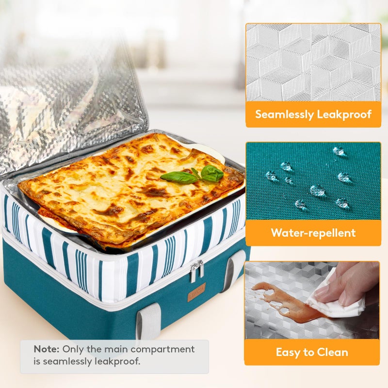 LUNCIA Double Decker Insulated Casserole Carrier for Hot or Cold Food, Lasagna Holder Tote for Potluck Parties/Picnic/Cookouts, Fits 9"x13" Baking Dish, Green - Image 4